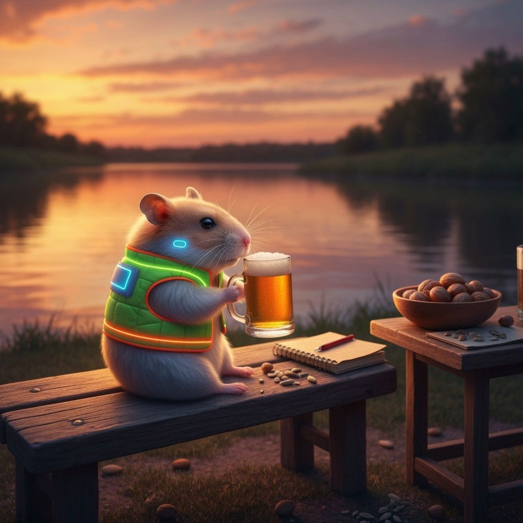 Hamster Philosopher Contemplates Sunset in Cyberpunk Vest