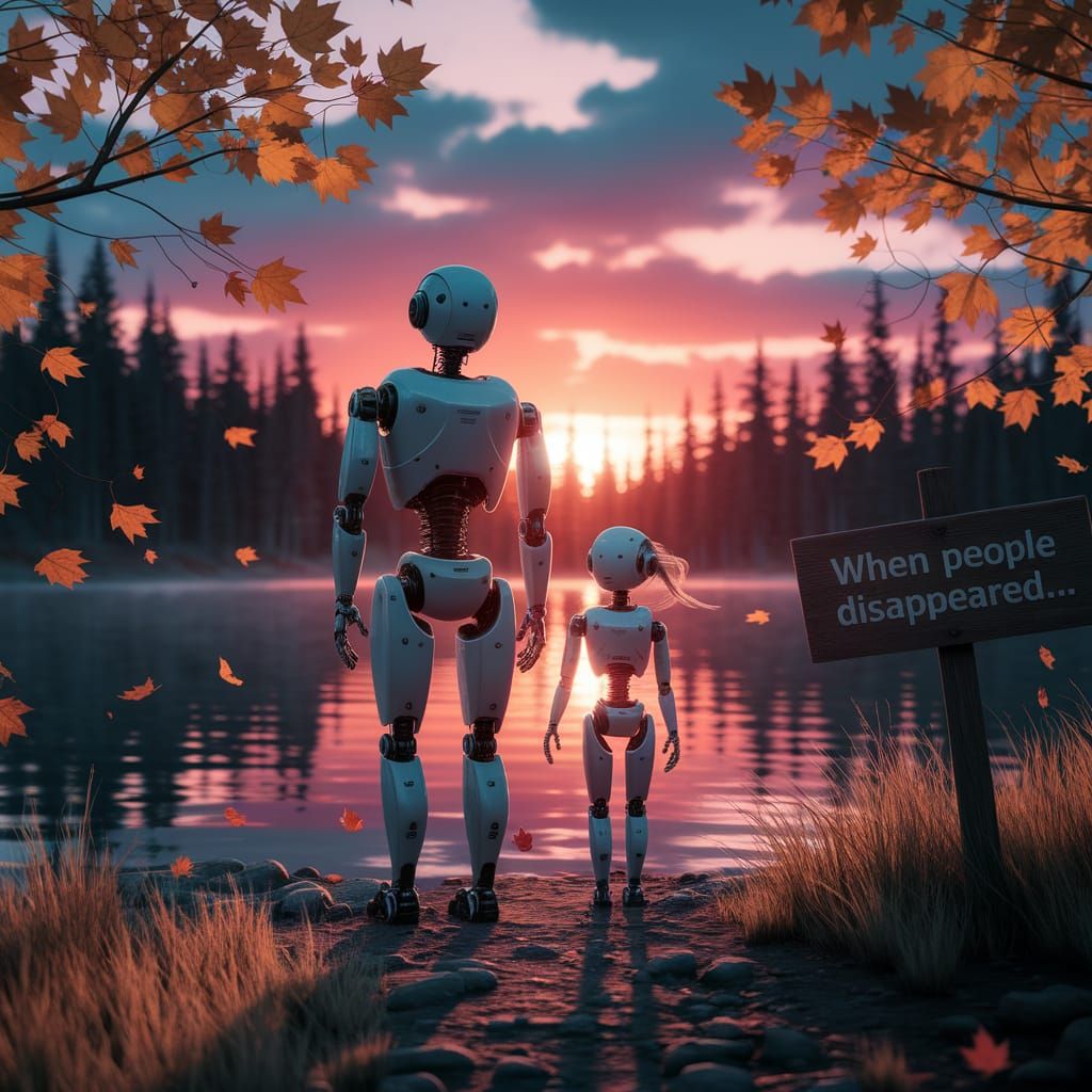 Robots Watch Autumn Sunset on Forest Lake