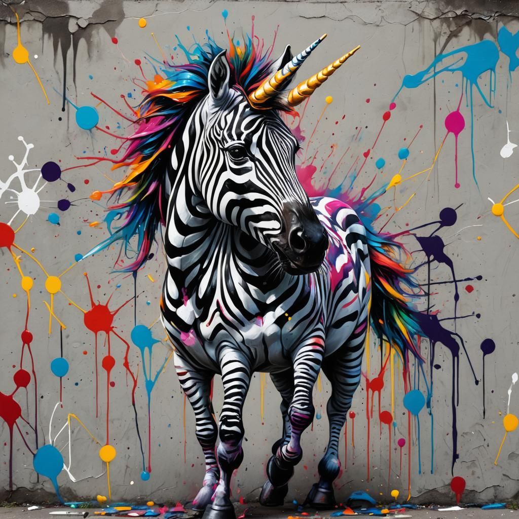 Hyper-Realistic Zebra Unicorn in Graffiti Art Style