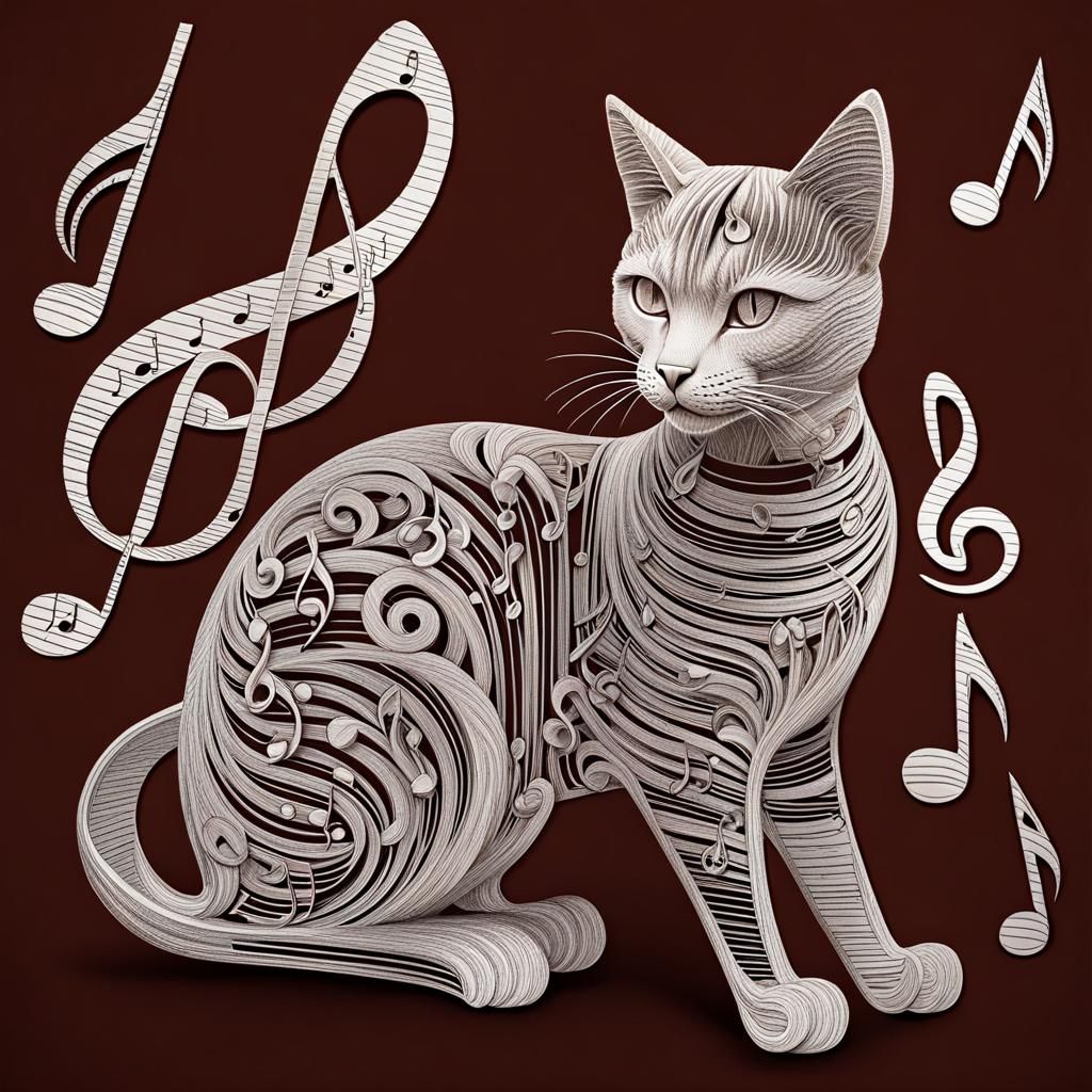 Musical Cat Line Art in 3D Sketch Style
