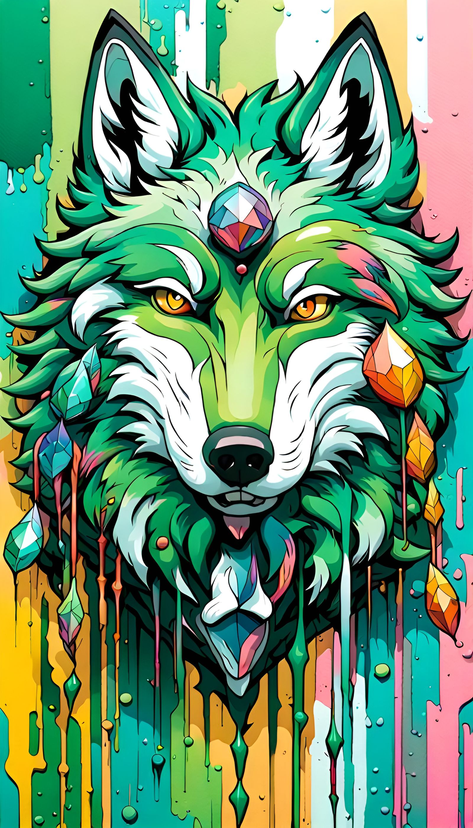 Emerald Wolf Head in Stained Glass Style
