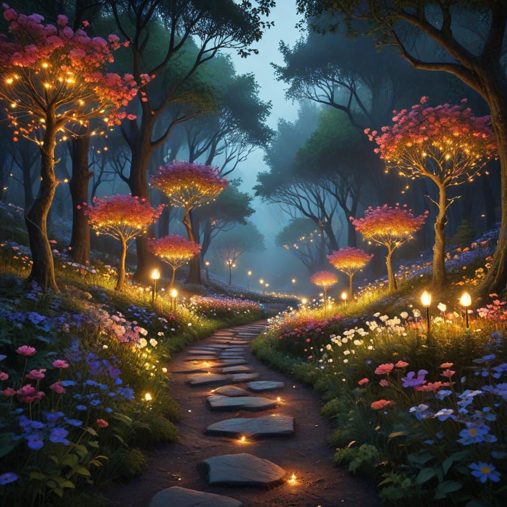 Enchanted Realm Unfolds Along Glowing Forest Pathway