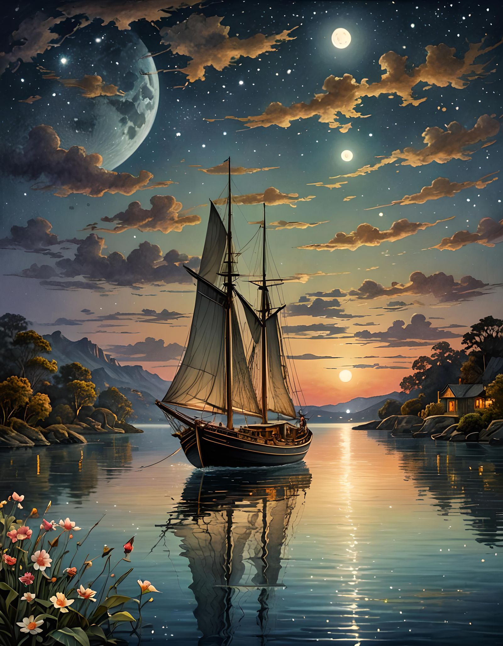Boat on Moonlit Water: Digital Watercolor Summerscape