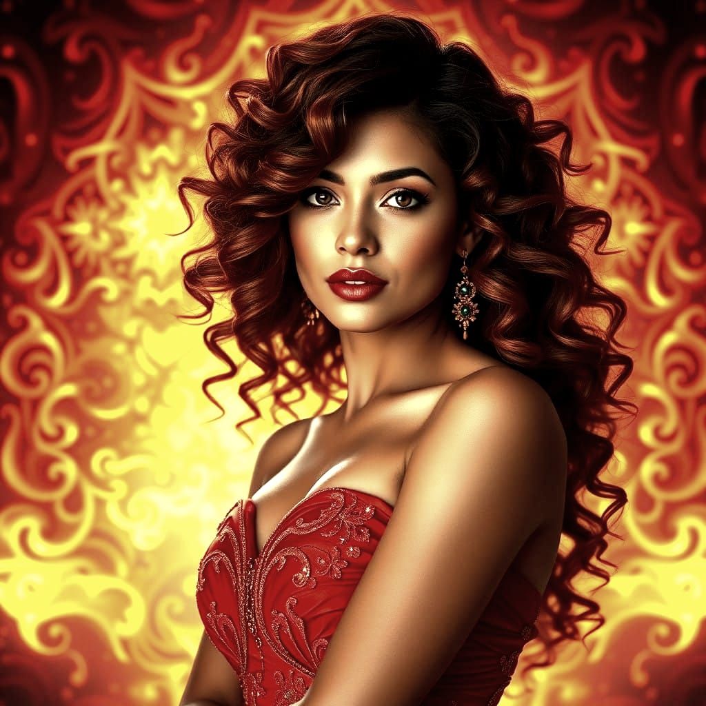 Hyperrealistic Latina Goddess in Fiery Red Gown