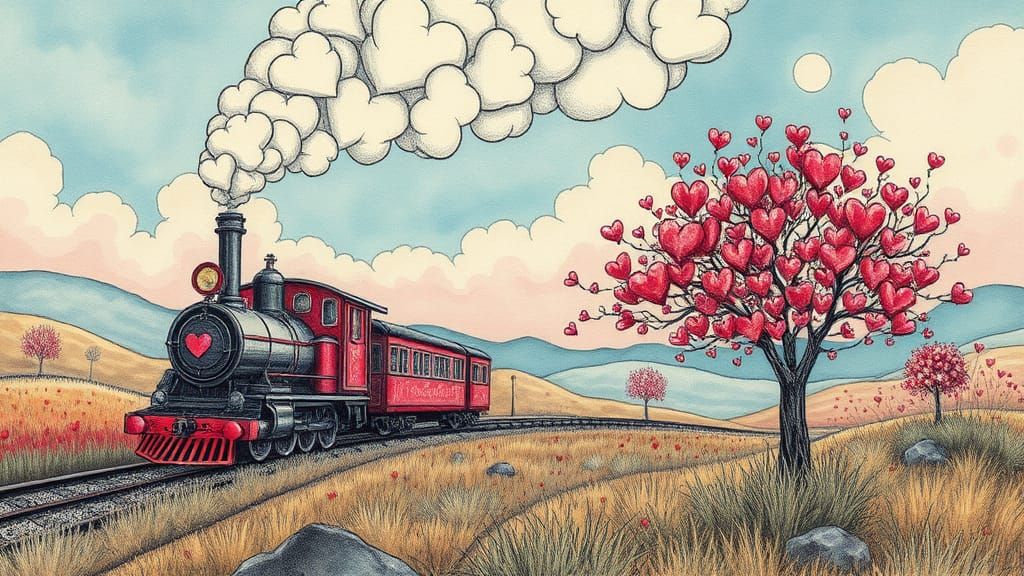 Surreal Soft Pastel Landscape with a Love Train and Heart Tr...