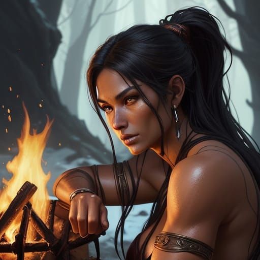 Barbarian Woman Rests by Campfire in Ethereal Fantasy Art