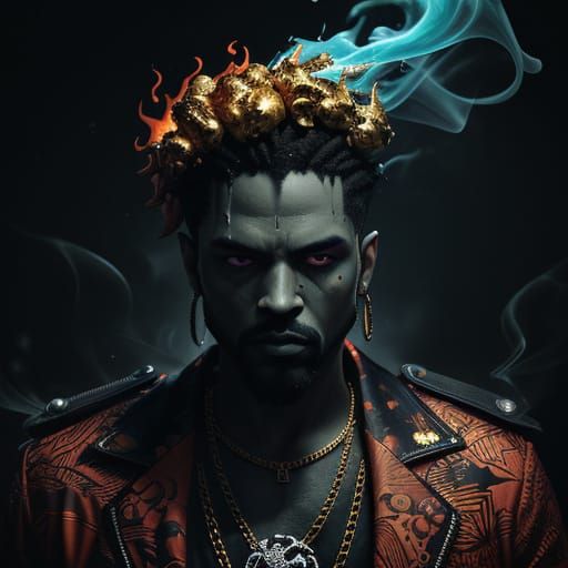 Rapper with Microphone, Gold Chains, and Fiery Skulls