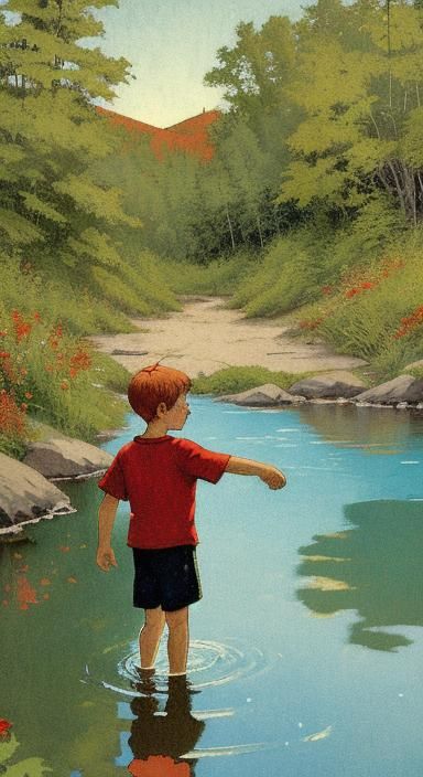 Vermont Swimming Hole in Woodcut Style