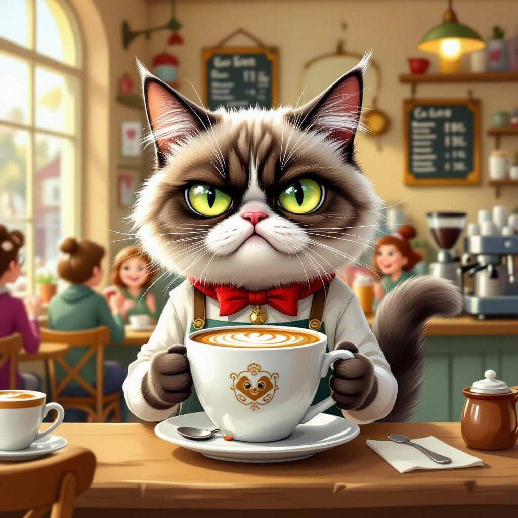 Grumpy Cat Barista Serving Overflowing Coffee