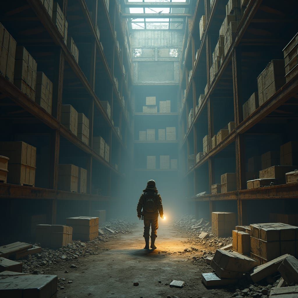 Dystopian Warehouse Explorer in Gritty, Industrial Style