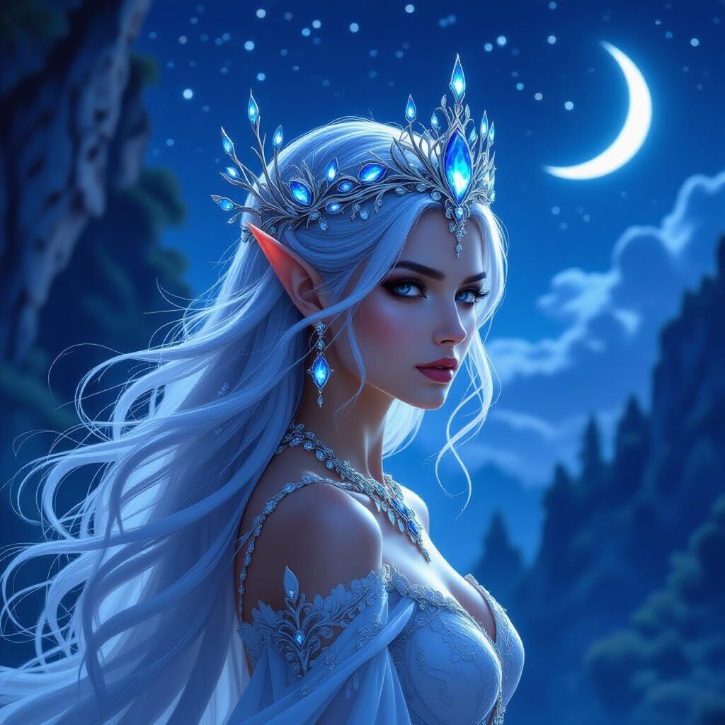 Majestic Elven Queen on Cliff Overlooking Starlit Forest