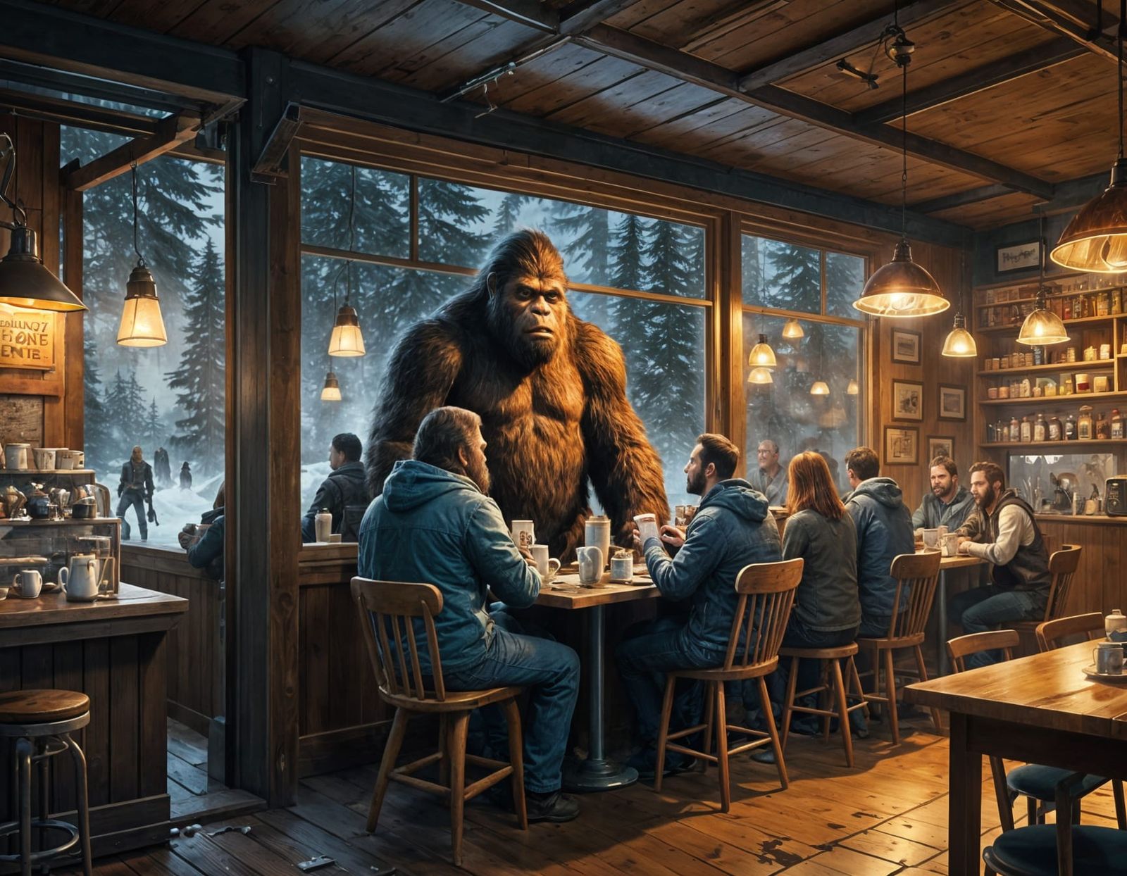 Bigfoot Watches Coffee Shop Guests: Digital Illustration