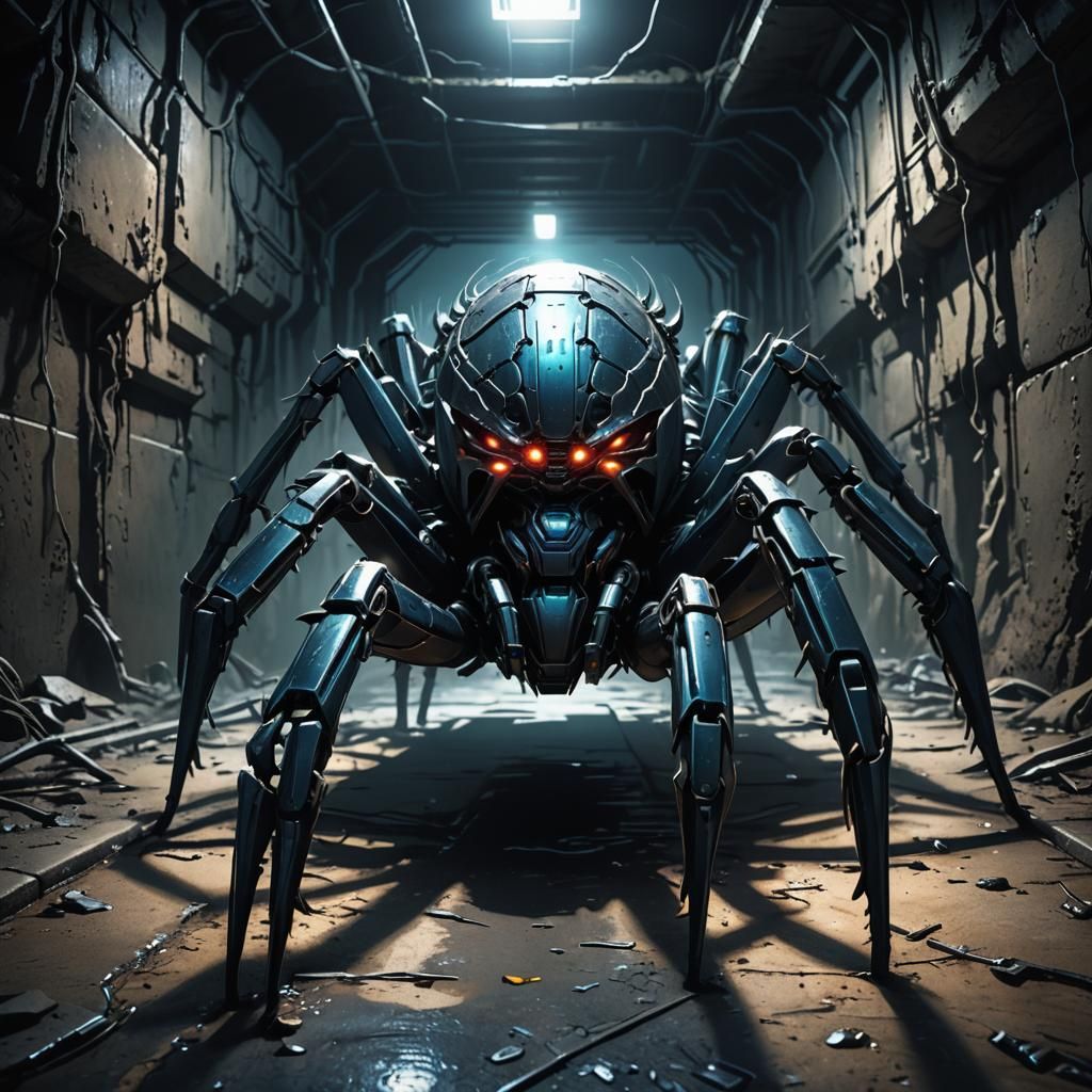 Cyberpunk Robotic Spider Emerges from Dark Tunnel