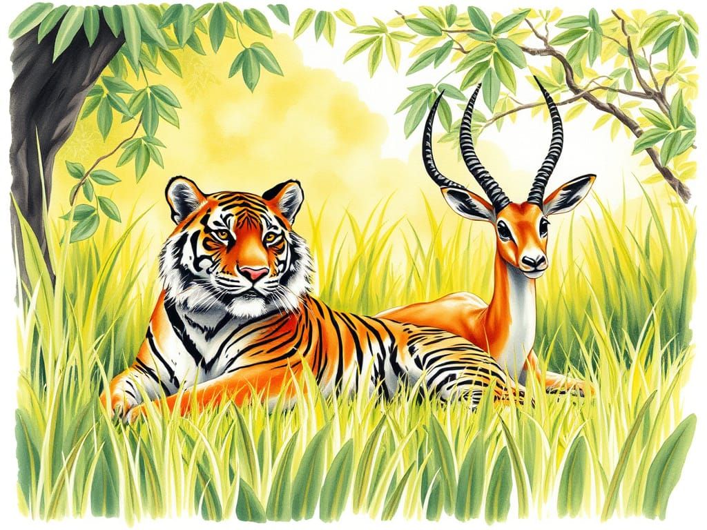 Tiger Cub and Gazelle in Dappled Jungle Light