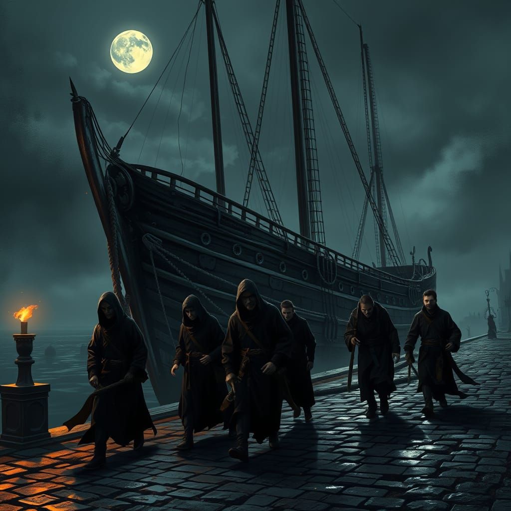 Medieval Ship in Moonlit Harbor, Cultists at Work