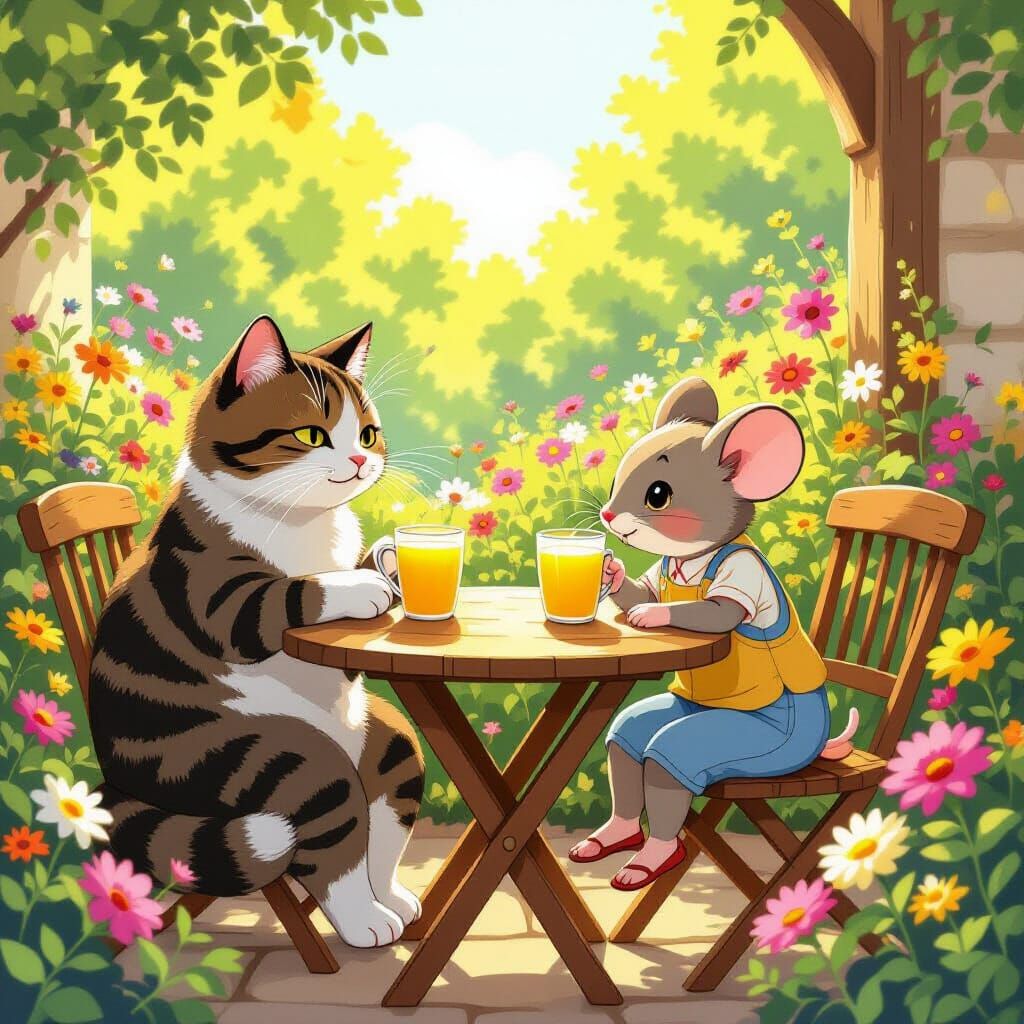 Cat and Mouse Enjoy Lemonade in Whimsical Garden