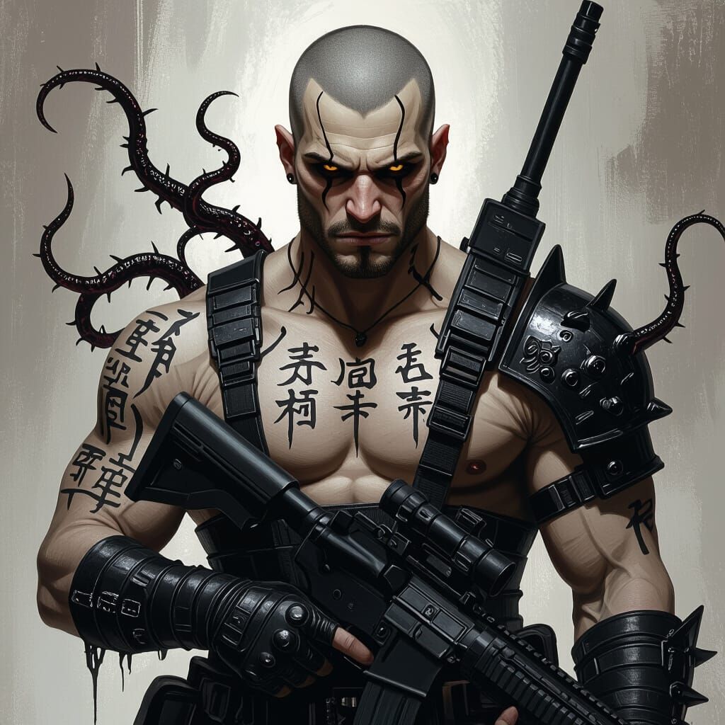 Demon Warrior with Tattoos in Gritty Hyperrealism