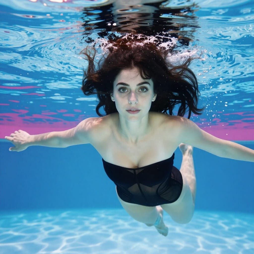 Woman Swimming Underwater in Black Swimsuit