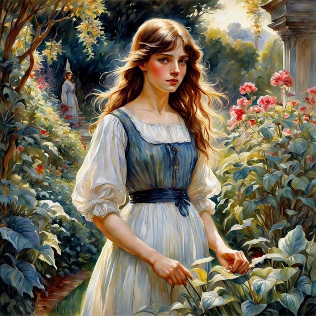 Girl in a Vibrant Garden Scene, Chiaroscuro Watercolor Art