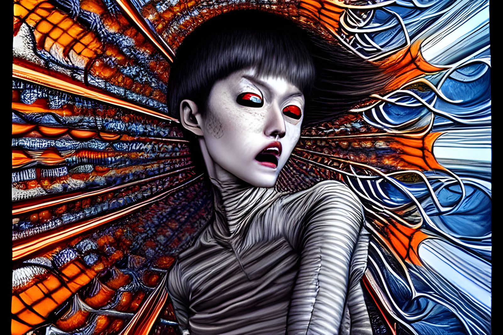 Intricate Junji Ito-esque Scene with Orange Highlights