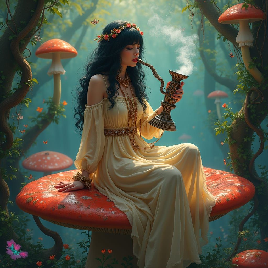 Bohemian Woman Smoking Hookah in Whimsical Forest