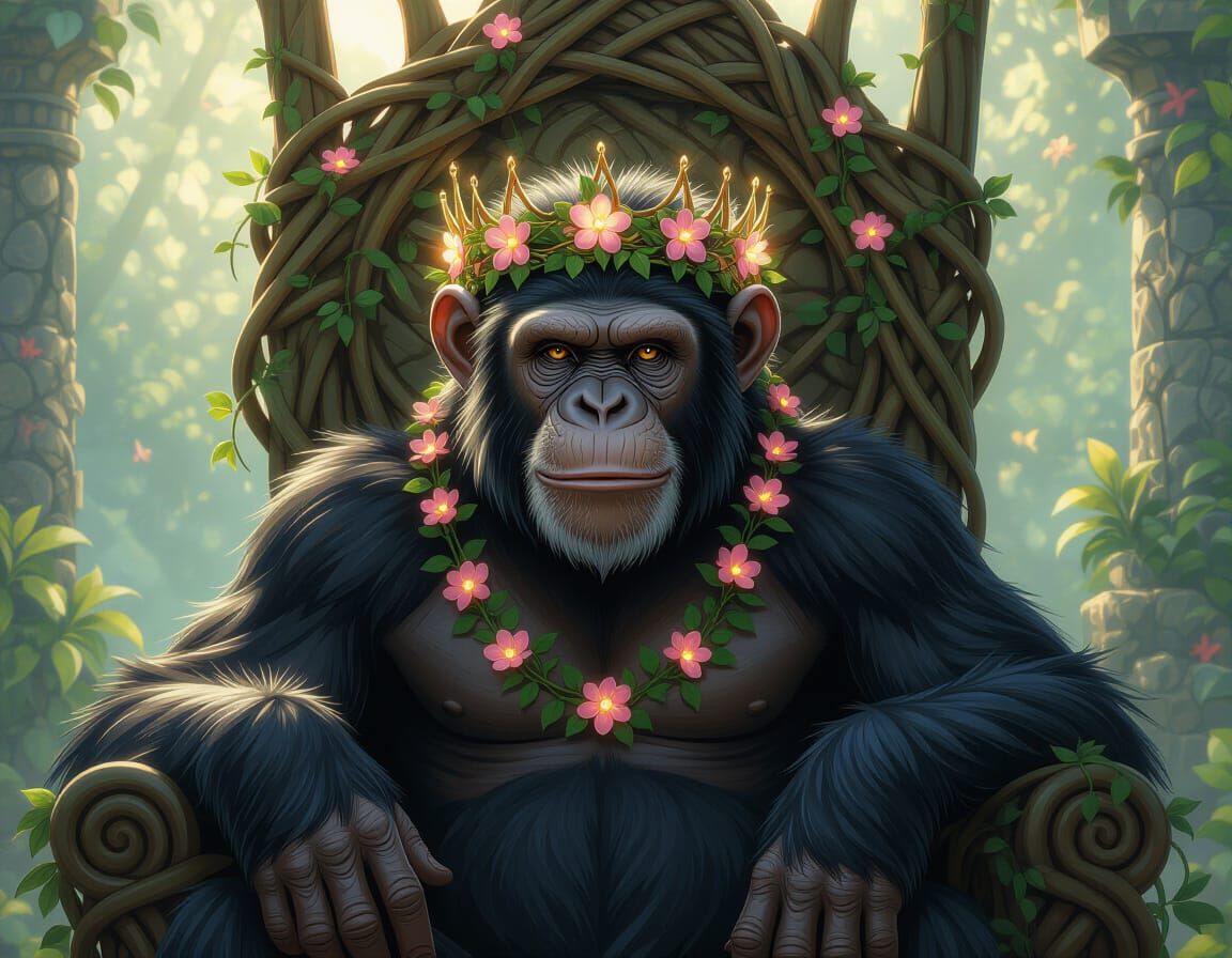 Regal Chimpanzee King on Vine Throne, Hyperrealistic Paintin...