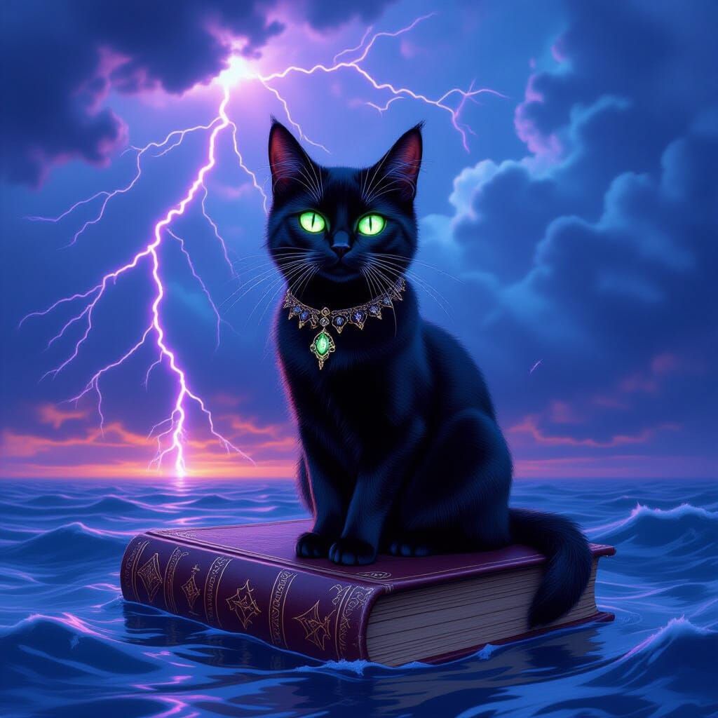 Black Cat on Floating Book in Digital Matte Painting
