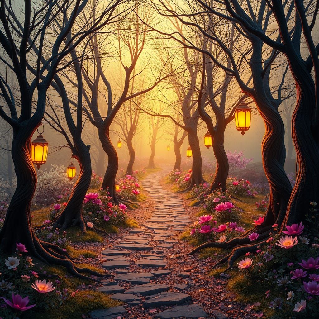 Enchanted Forest Bloom Along a Mystical Path