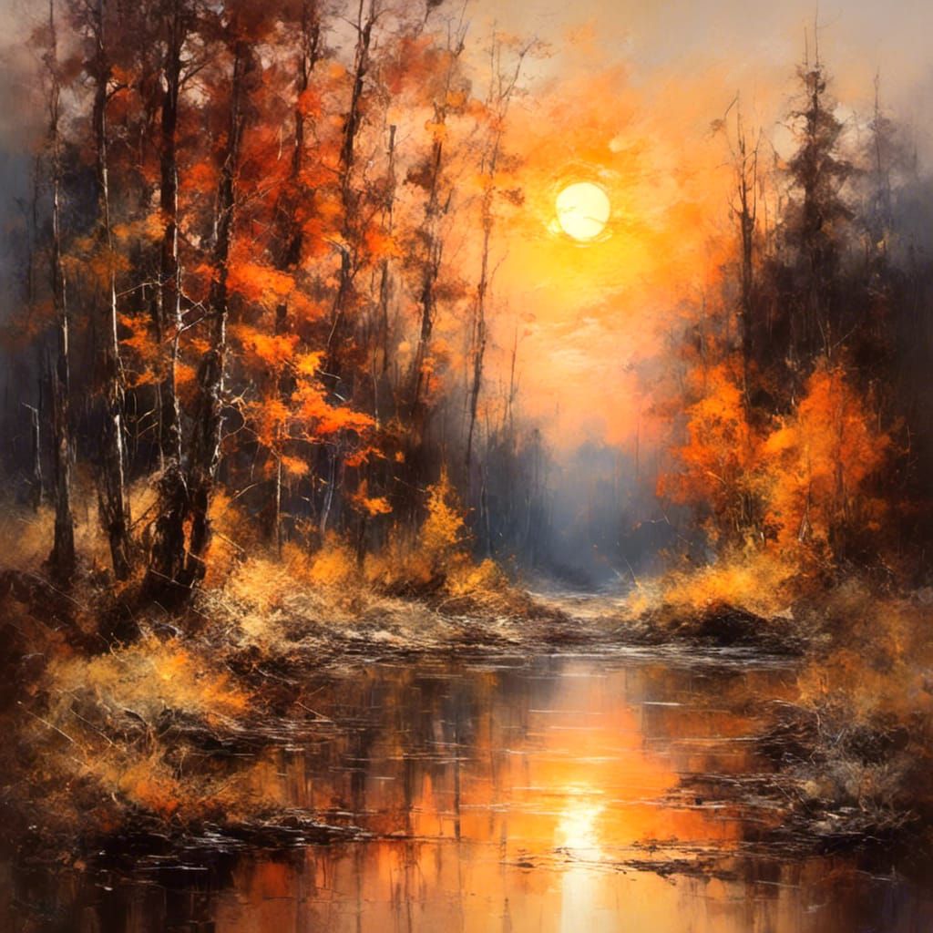 Impressionistic Sunset Landscape with Golden Light