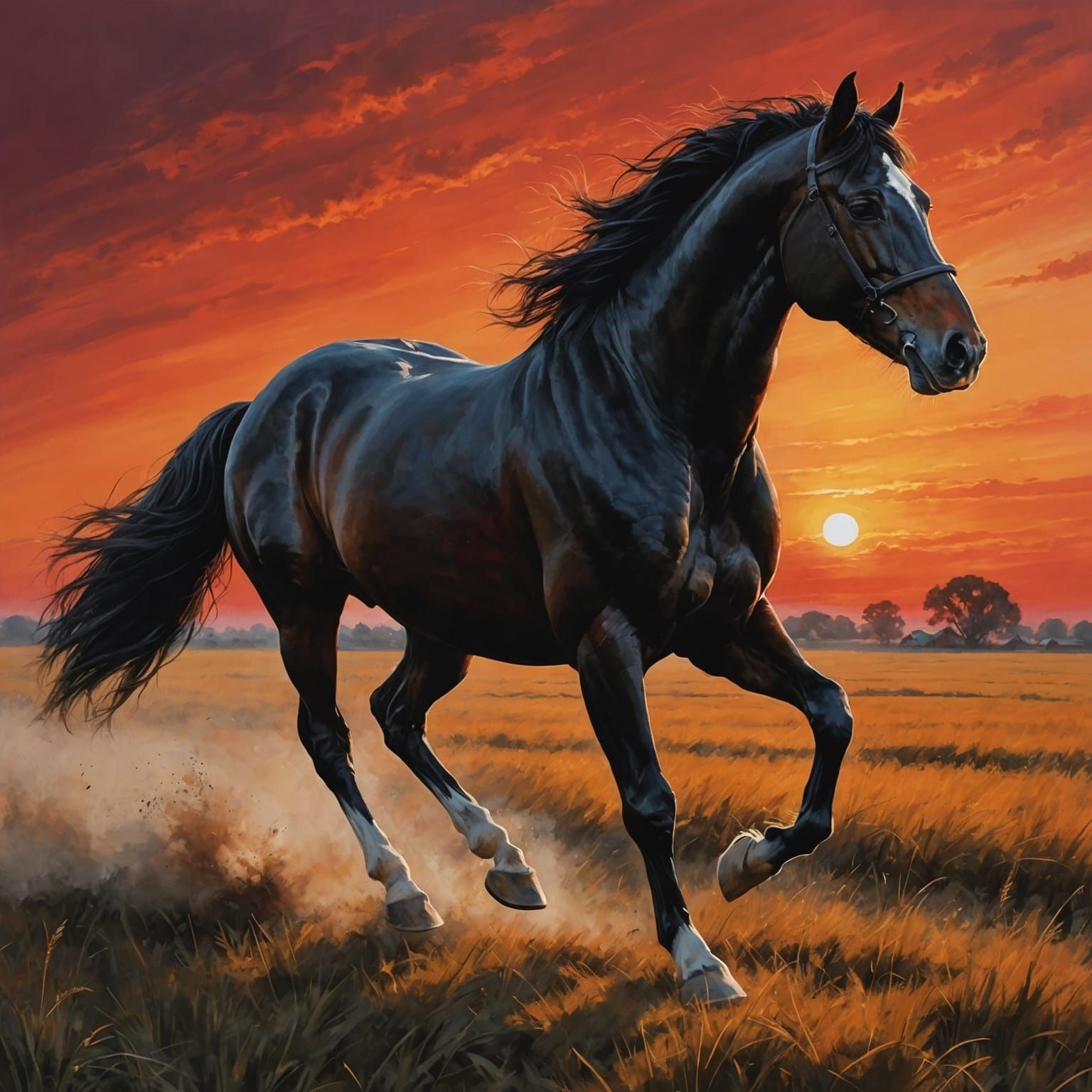 Majestic Black Horse Running at Sunset