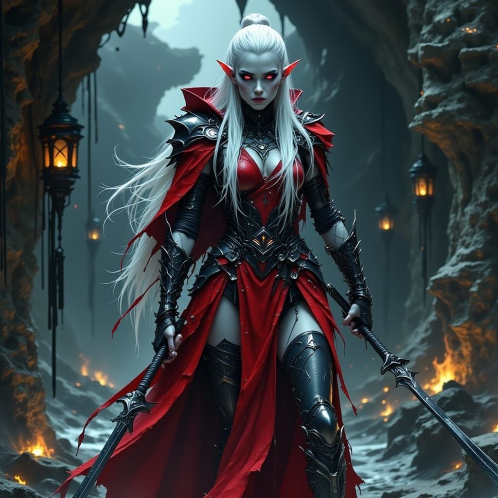 Drow Priestesses Duel in an Underground Sea