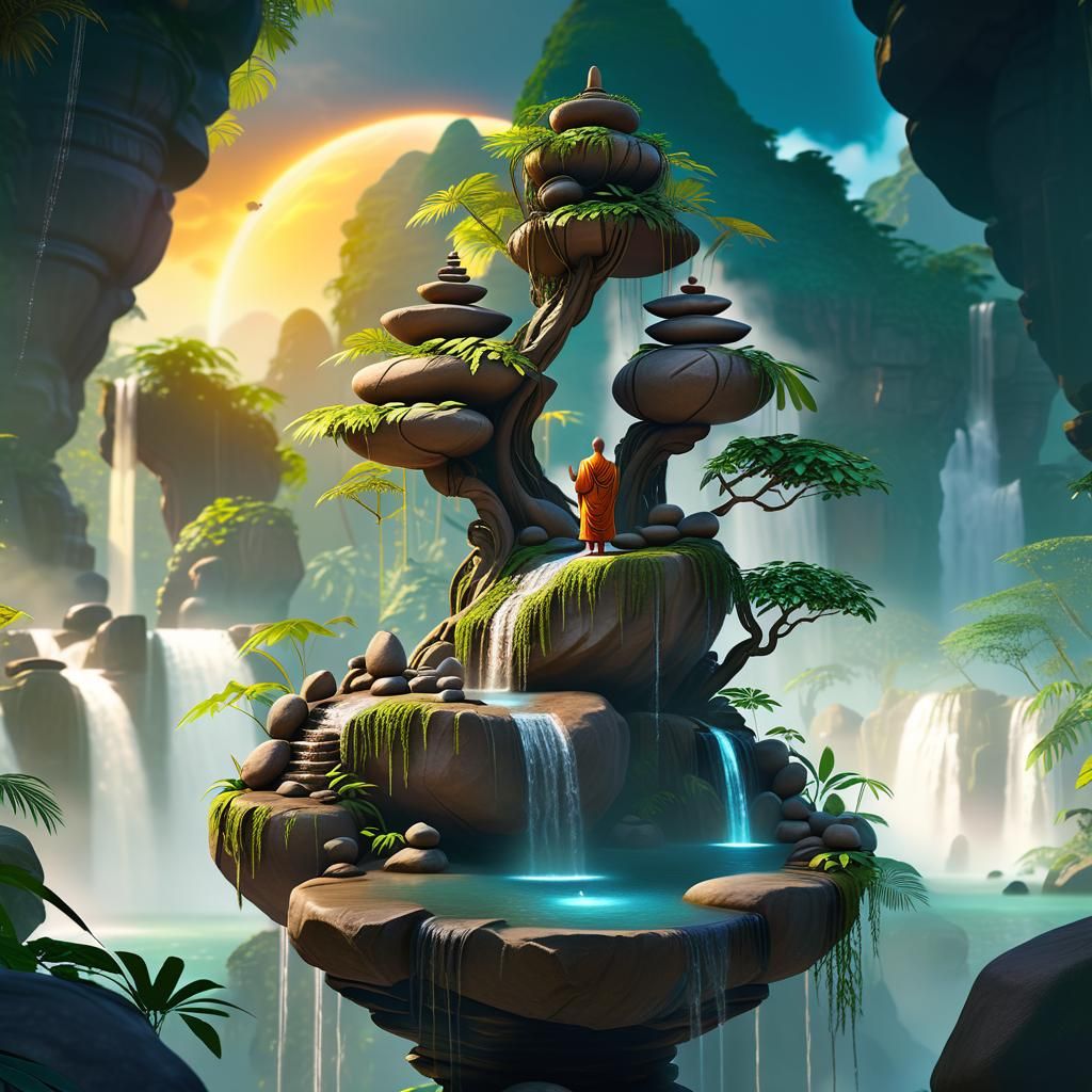 Serene Monk in Jungle Utopia: Digital Art