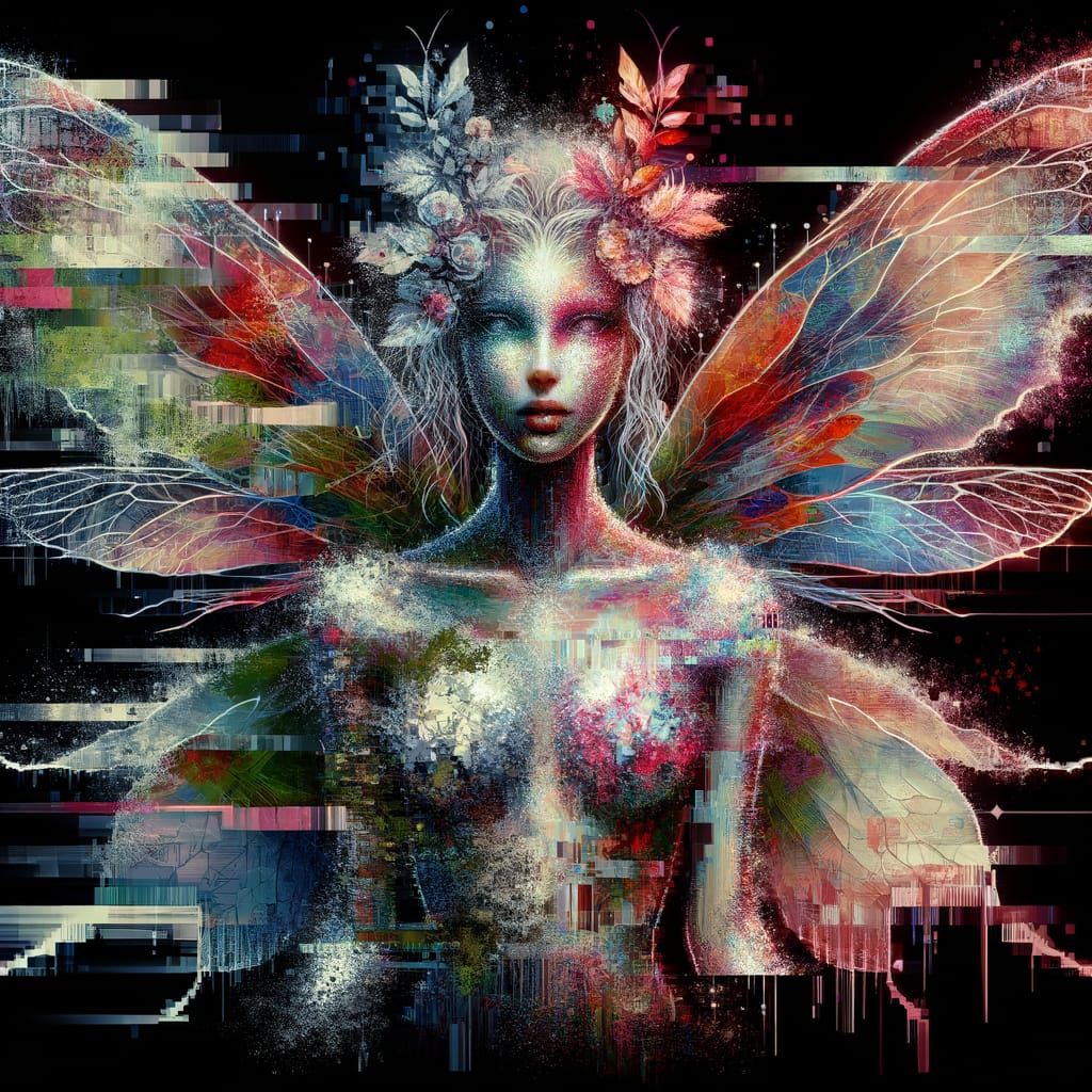 Glitched Fairy Double Exposure: Digital Noise and Seasons