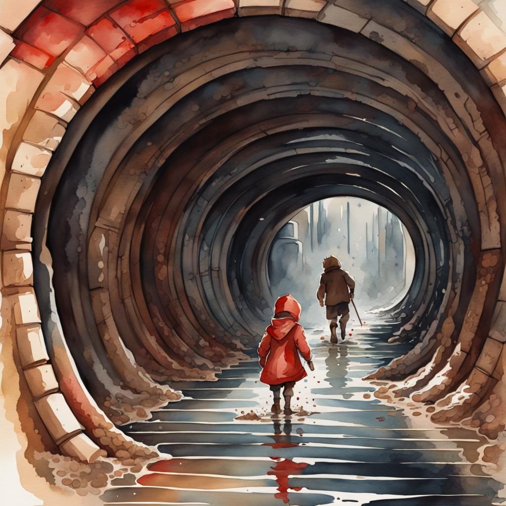 Character Crawling Through Sewer: Watercolor Splash Art