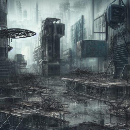 Dystopian Urban Chaos in Retrowave Style