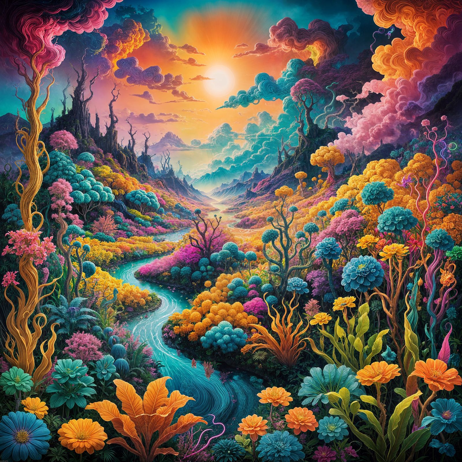 Fluorescent Fantasy Realm: Neon Oasis Landscape