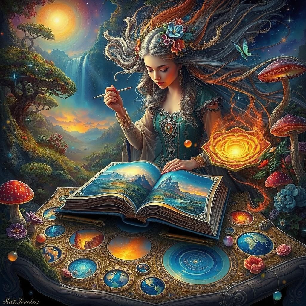 Mystical Woman Reading Magical Book in Enchanted Forest