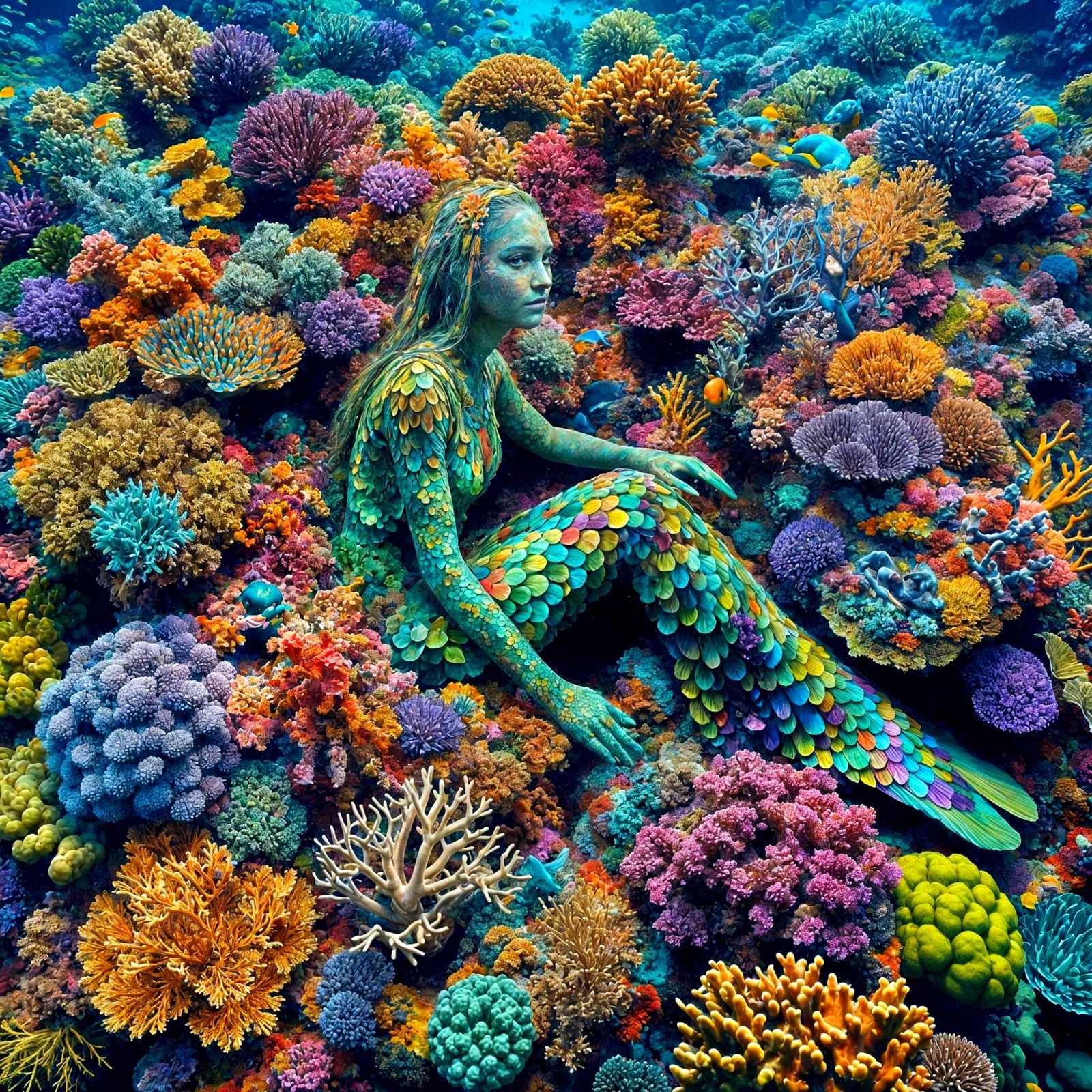 South Asian Mermaid Camouflaged in Coral Reef