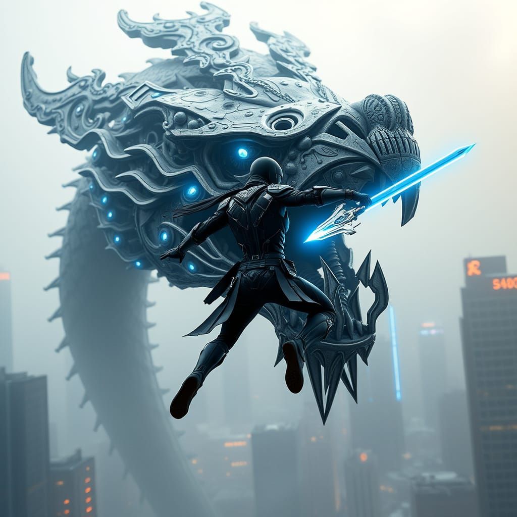 Cyberpunk Robot Dragon Head in Futuristic Cityscape