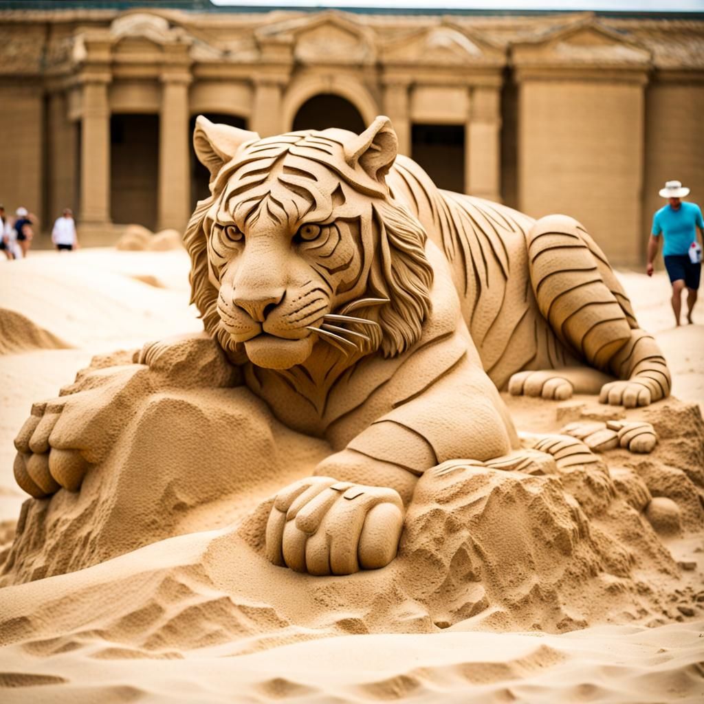 Detailed Sand Sculpture of a Tiger