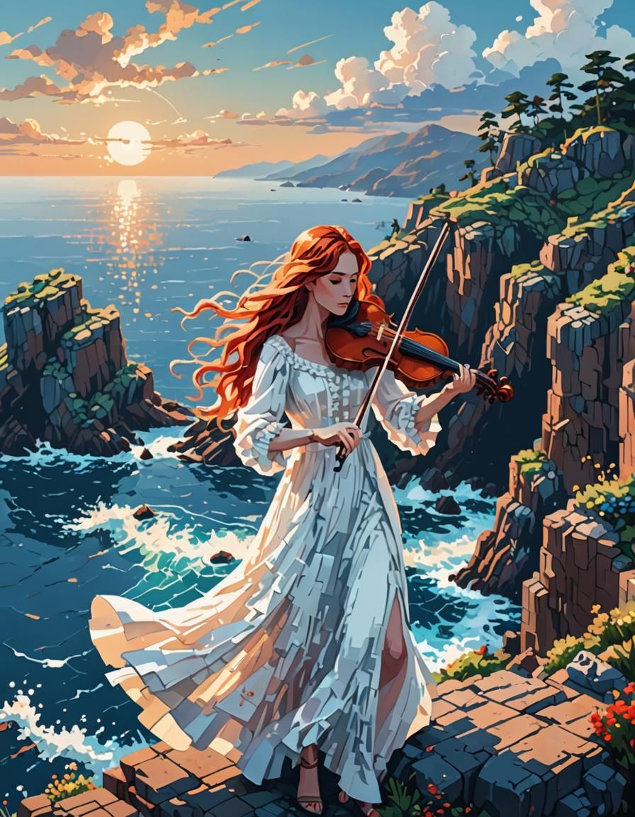 Pixel art...woman playing the violin on a cliff overlooking ...