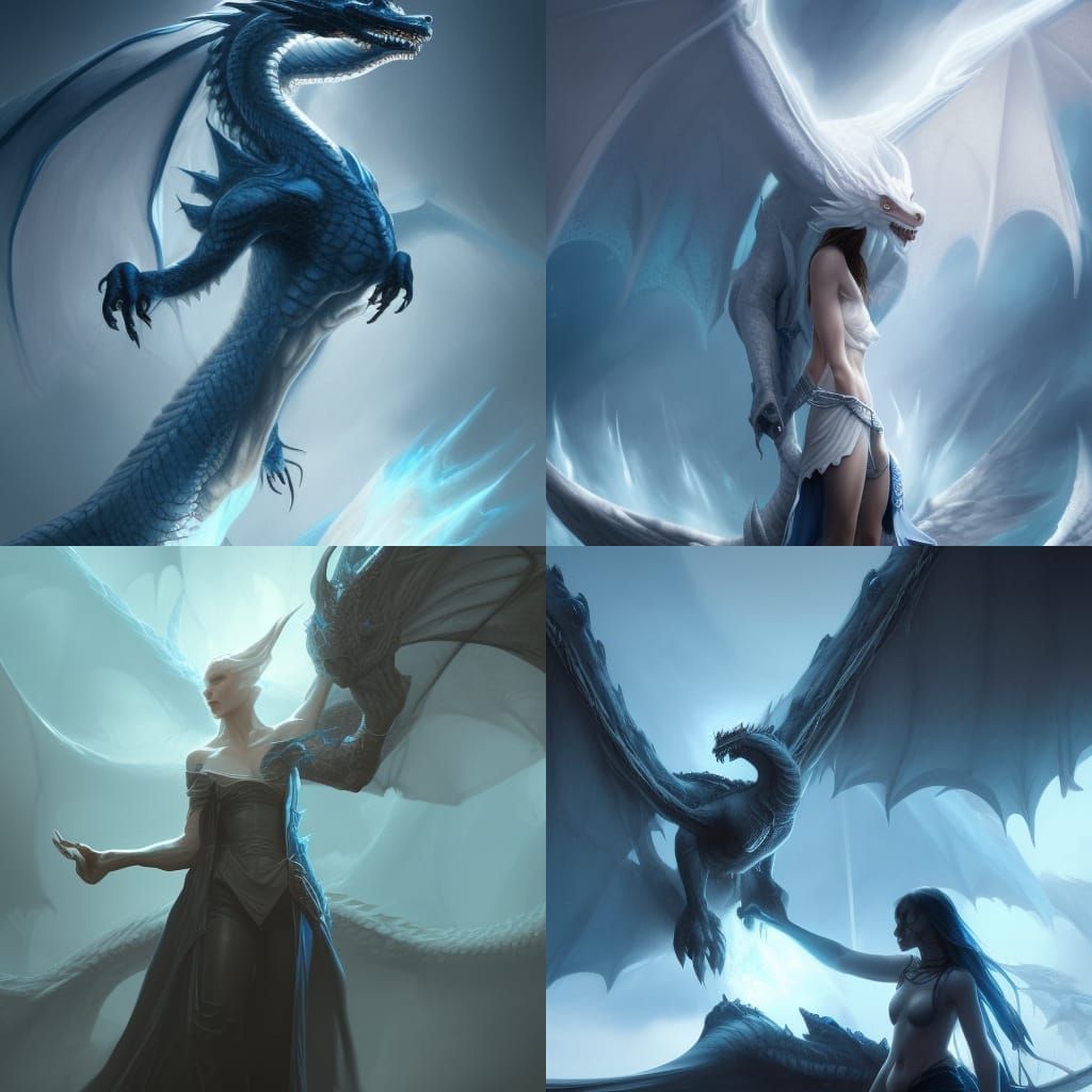 Woman's hand on the body of white dragon with blue eyes