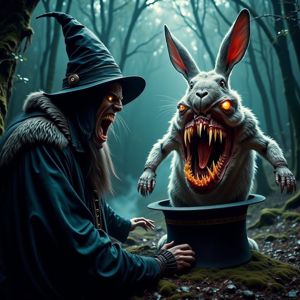 Sinister Wizard Summons Grotesque Rabbit: Neon Grunge Horror