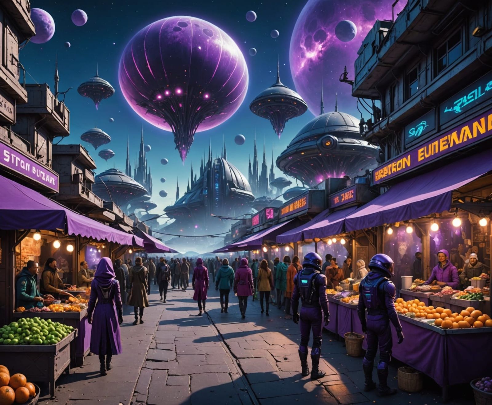 Futuristic Alien Street Market in a Glowing City
