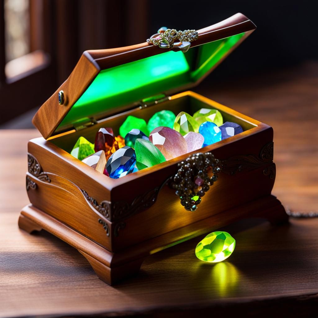 Fluorescent Gemstones in Open Wooden Jewelry Box