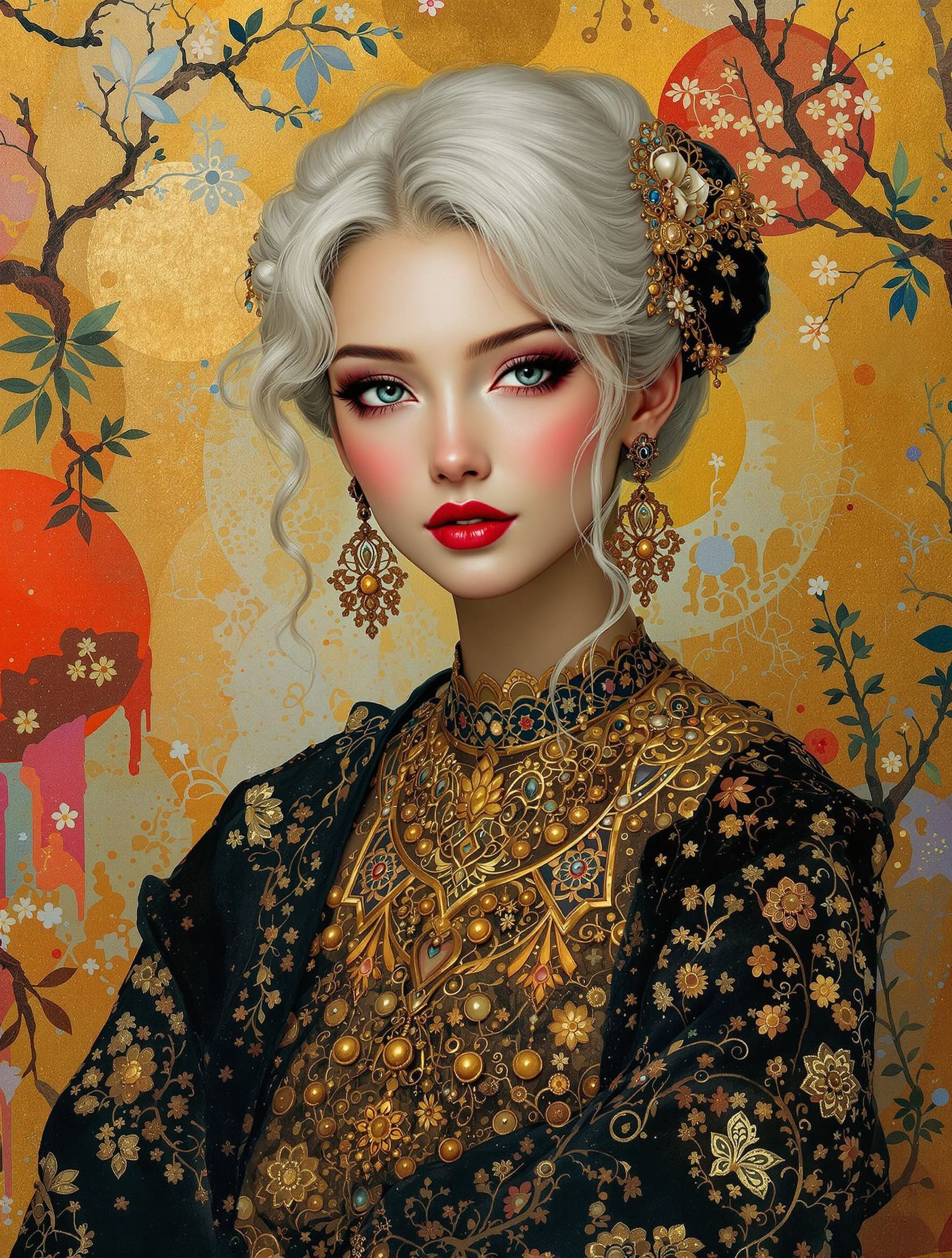Japanese Woman Portrait in Klimt Style with Ornate Jewelry