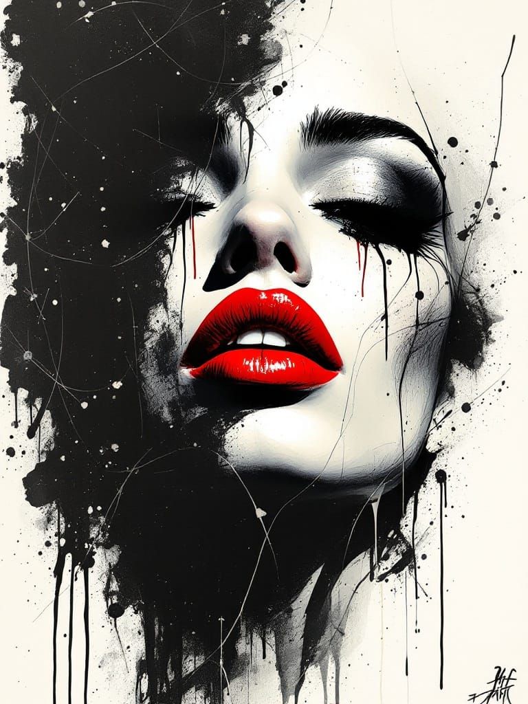 Bold Ink Portrait with Red Lips and Chaotic Brushstrokes