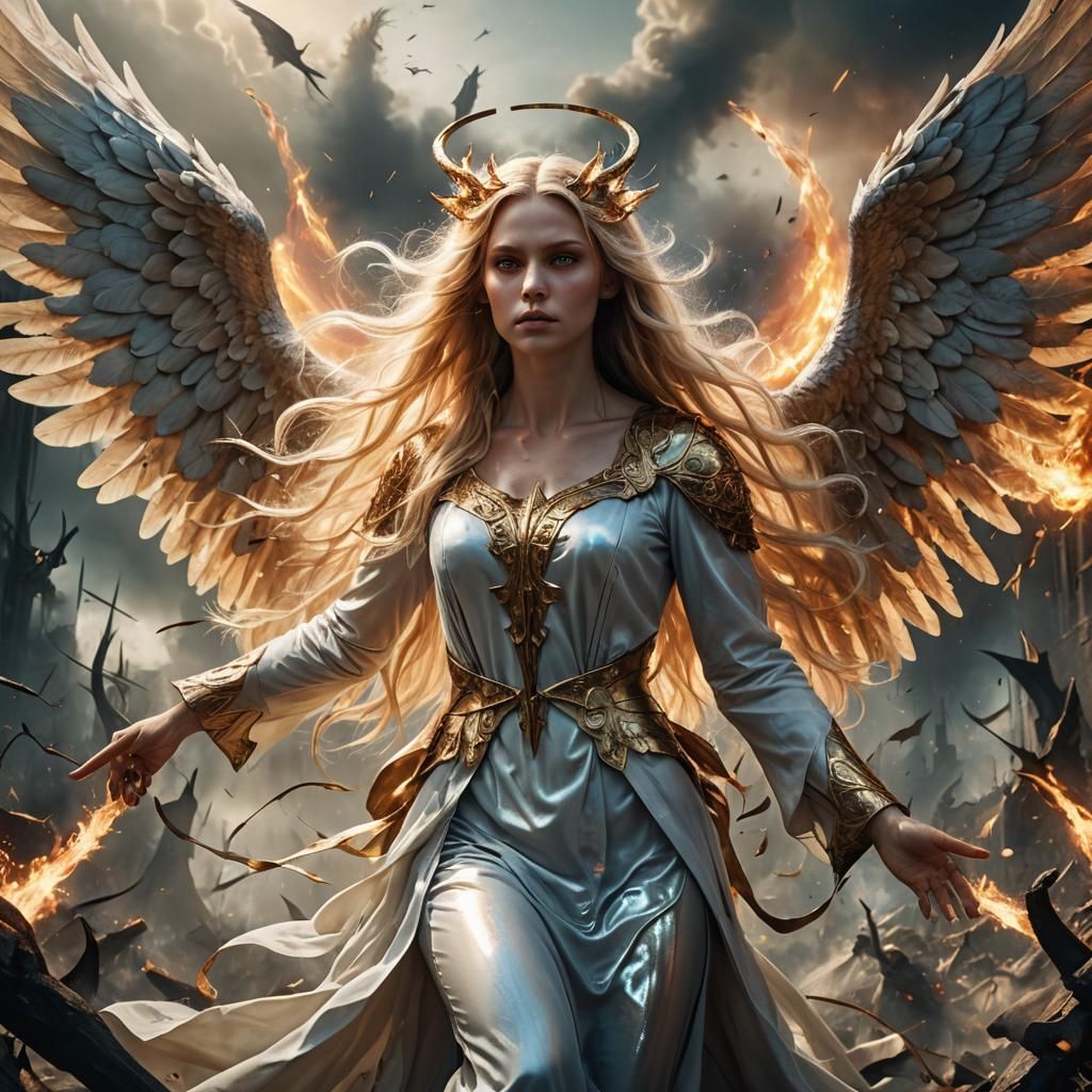 Surreal Woman with Wings Above Battlefield