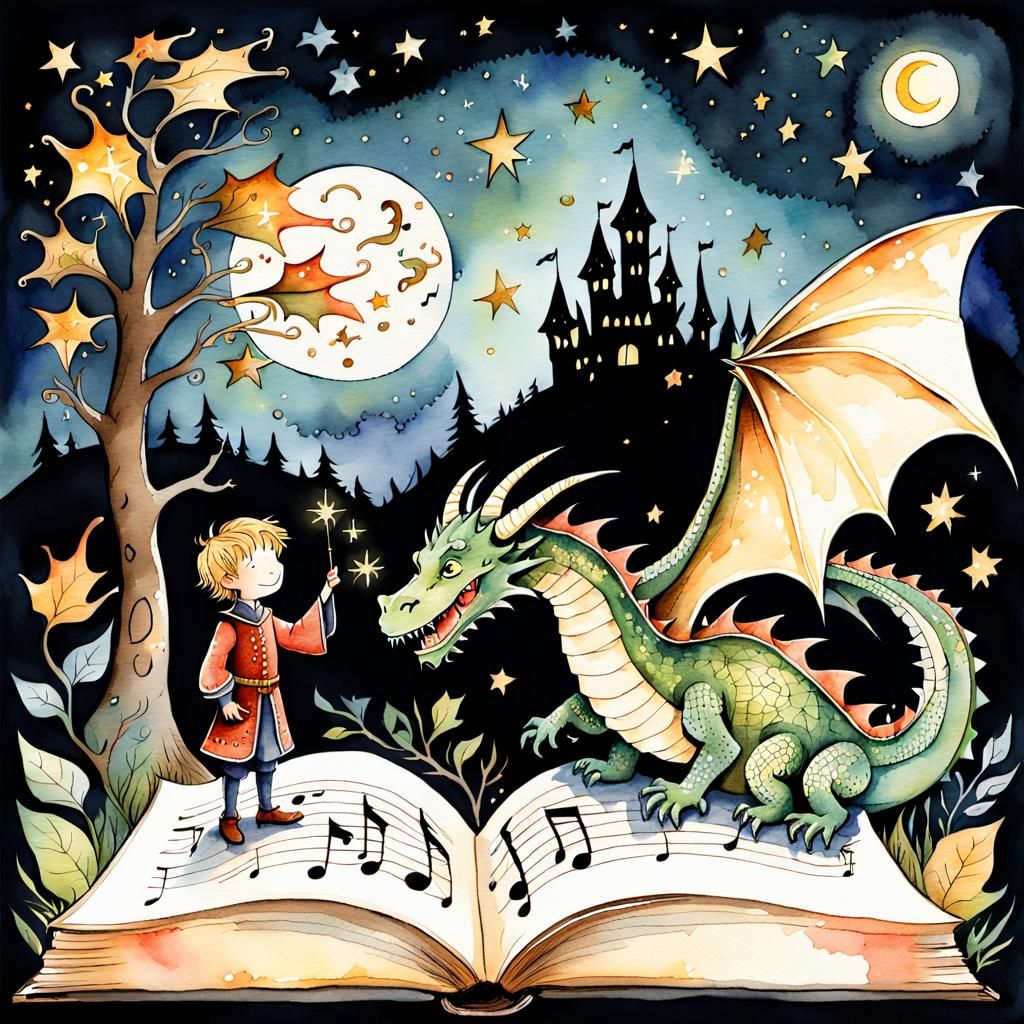 Medieval Prince Teaches Dragon to Sing: Watercolor Illustrat...