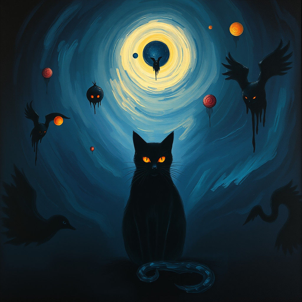 Enigmatic Cat in Dreamlike Symbolist Scene